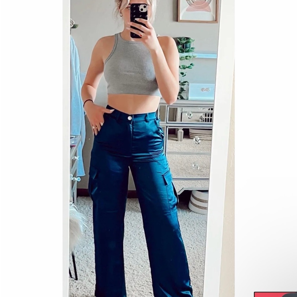 Blue Silky Cargo Pants